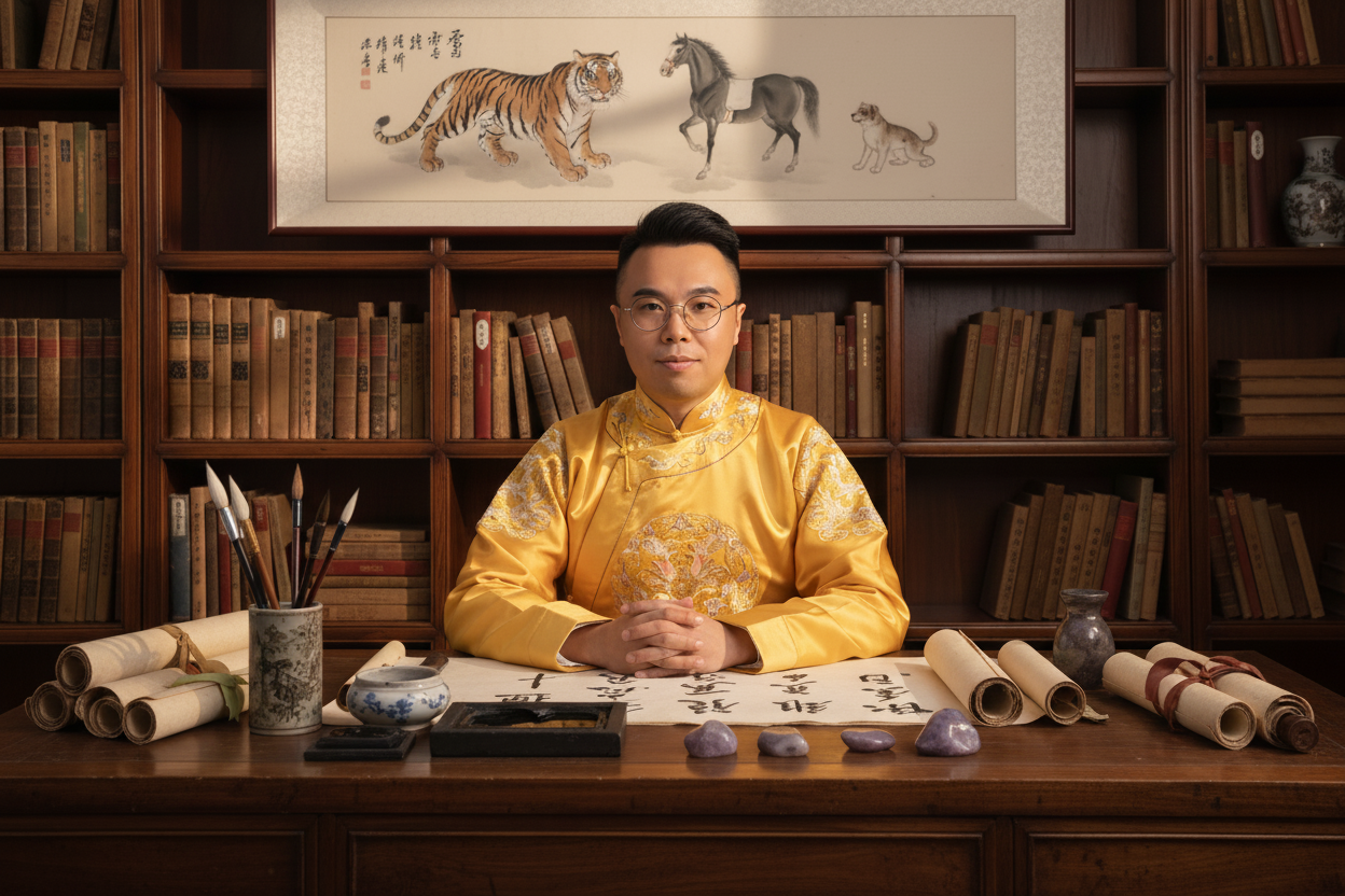 Master Hui, Chinese Astrology and Feng Shui expert, seated in his study with calligraphy scrolls